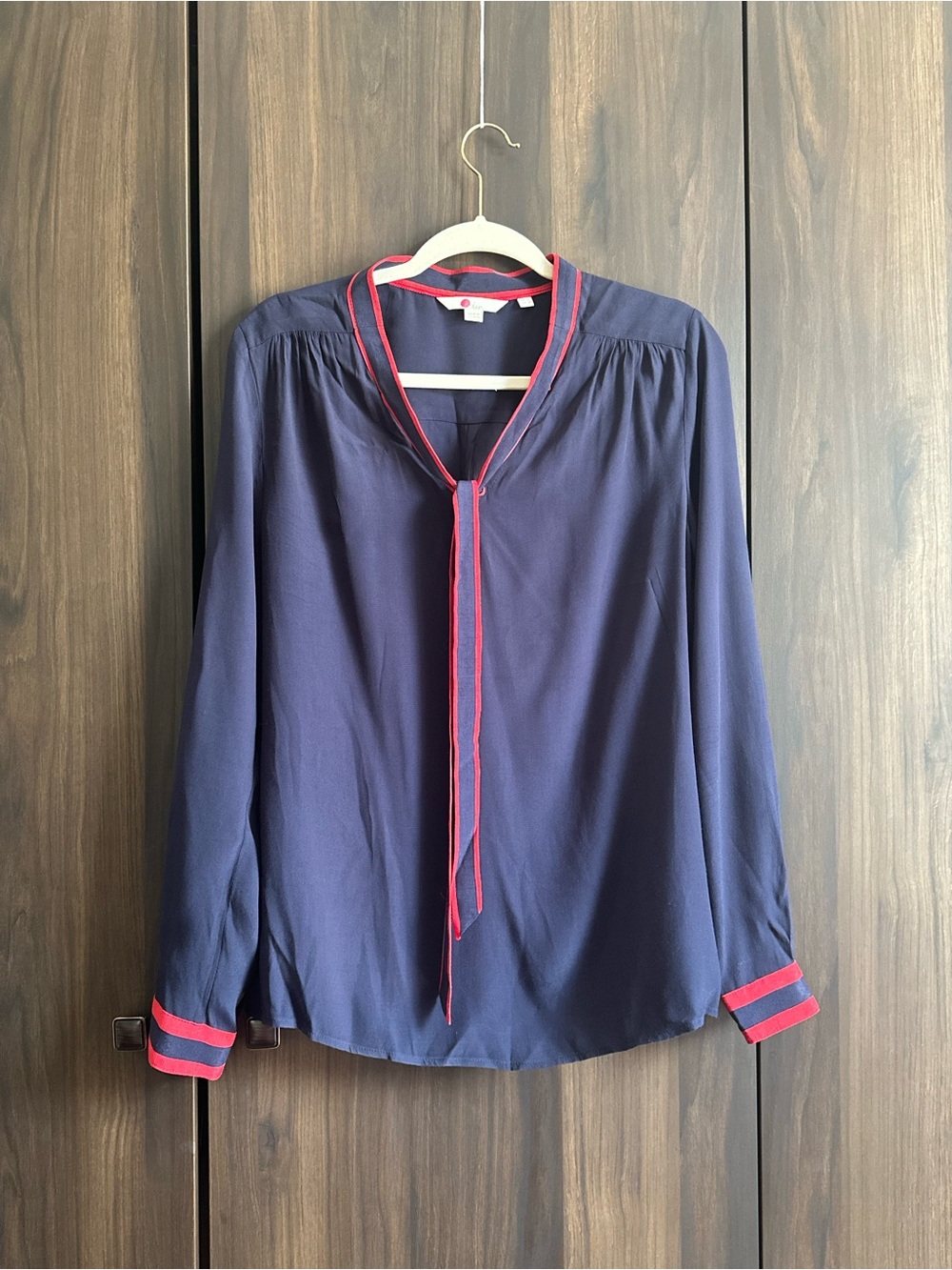 NWOT Boden Women's Navy Tie-Neck Blouse with Red Trim